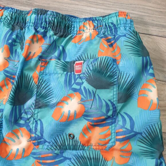 Men Large Party Sharks Swim Trunk Tropical Leaf Print Blue Orange Beach Vacation - Picture 7 of 7